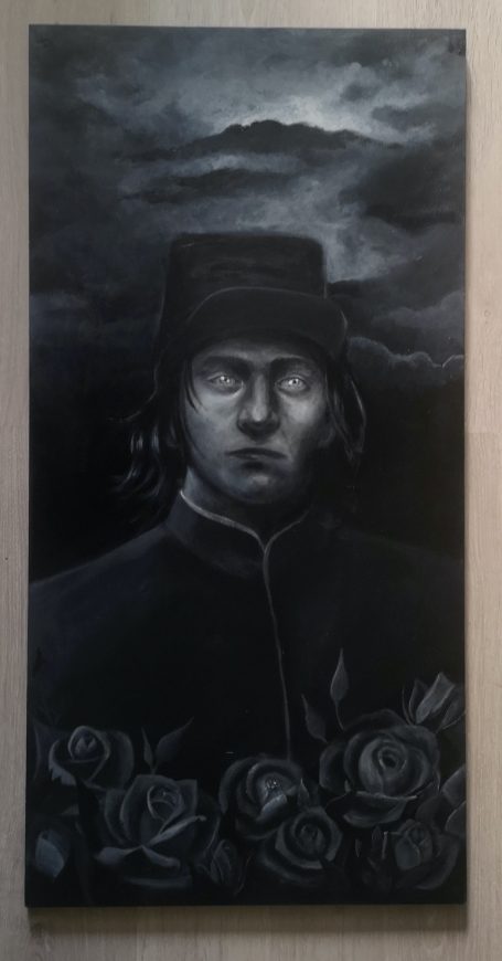 Retrato de soldado con rosas y nubes